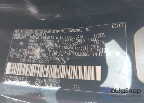 2007 Toyota Tundra Sr5 5.7L V8 из США, поврежденный, VIN 5TBEV54167S455331